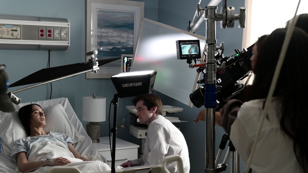 Hospital set, monitors standing by