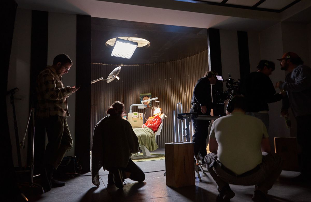 Watching playback on the studio floor
