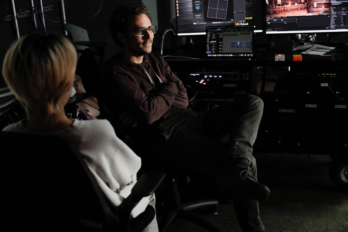 Watching a take from the monitors